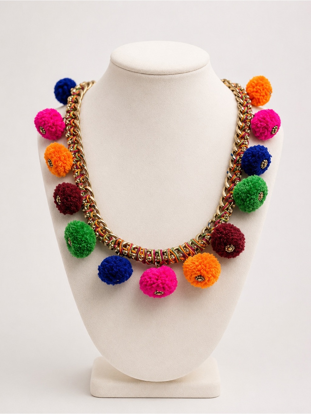 Multicolor Pom-Pom Statement Necklace with Gold-Tone Chain